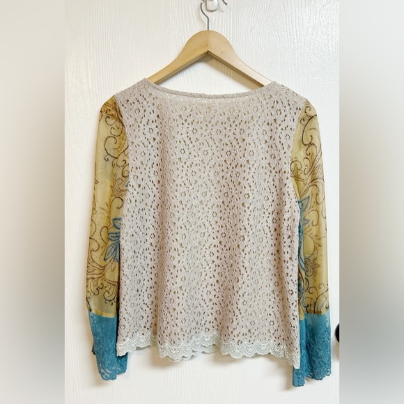 Sundance Suzette Lace & Colorful Printed Silk Sleeve Mixed Media Blouse Size S - Picture 3 of 6